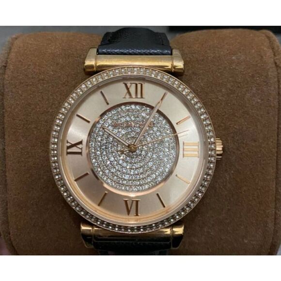 MICHAEL KORS Catlin Rose Crystal Set Black Leather Ladies Watch MK-2376 - Picture 2 of 8